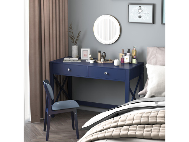 WiberWi Home Office Desk with Drawers, Modern Writing Computer Desk for Bedroom, Small Navy Makeup Vanity Table Study Table