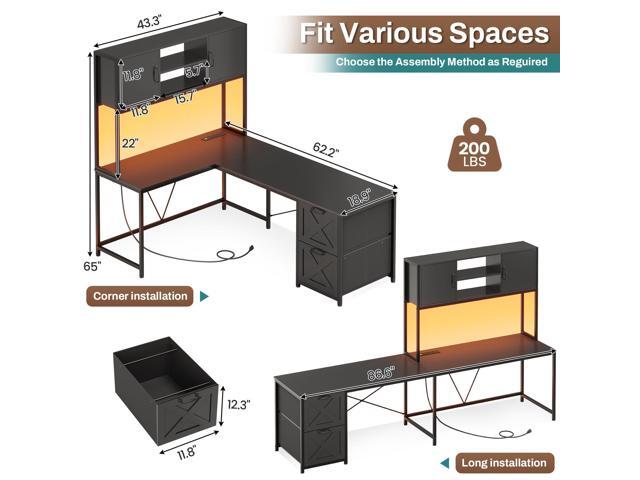 SEDETA Corner Computer Desk, Reversible L Shaped Computer Desk with Fabric Drawers and Power Outlet, Gaming Desk with Led Lights, Hutch and Storage...