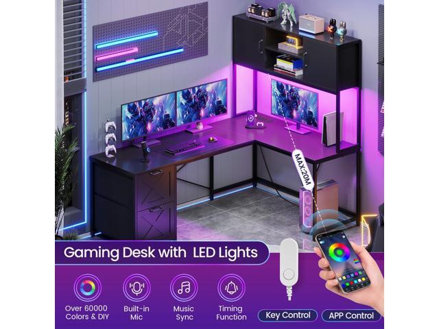 SEDETA Corner Computer Desk, Reversible L Shaped Computer Desk with Fabric Drawers and Power Outlet, Gaming Desk with Led Lights, Hutch and Storage...