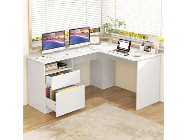 Tangkula 59 L-Shaped Desk with 2 Storage Drawers, Corner Computer Desk with File Drawer & Open Shelf, Computer Workstation with 2 Cable Management...