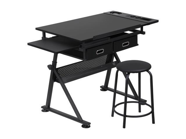 HomGarden Height Adjustable Drafting Desk Drawing Table Art Craft Work Station w/Stool, Storage Drawers for Home Office Study Room, Black