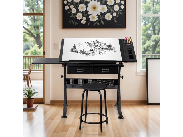 Drafting Table Drawing Desk Art & Craft Work Station Height Adjustable Tilting Tabletop Craft Table Desk w/Stool and 2 Storage Drawers for Home...