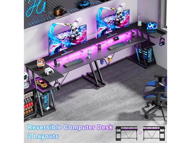 55 Inch Gaming Desk with Power Outlet & LED Lights, L Shaped Gamer Computer Table with Storage Shelves for Bedroom, Corner Home Office Desk, Carbon...
