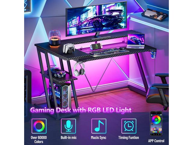 55 Inch Gaming Desk with Power Outlet & LED Lights, L Shaped Gamer Computer Table with Storage Shelves for Bedroom, Corner Home Office Desk, Carbon...