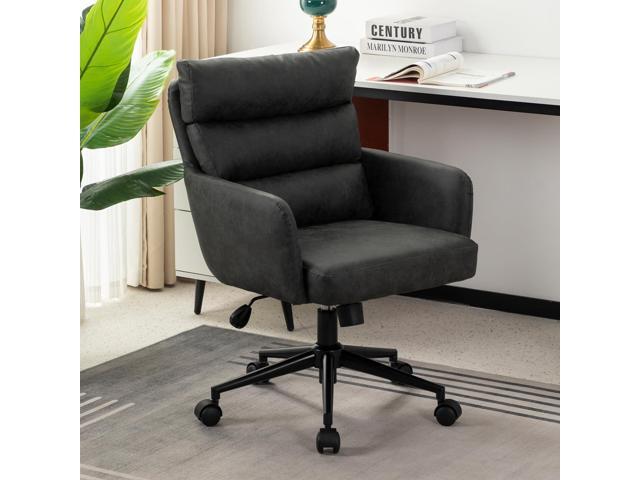 Leather Home Office Desk Chair, Small Comfy Faux Leather Office Chair with Wheels, Modern Adjustable Swivel Desk Chair with Back Support & Black...