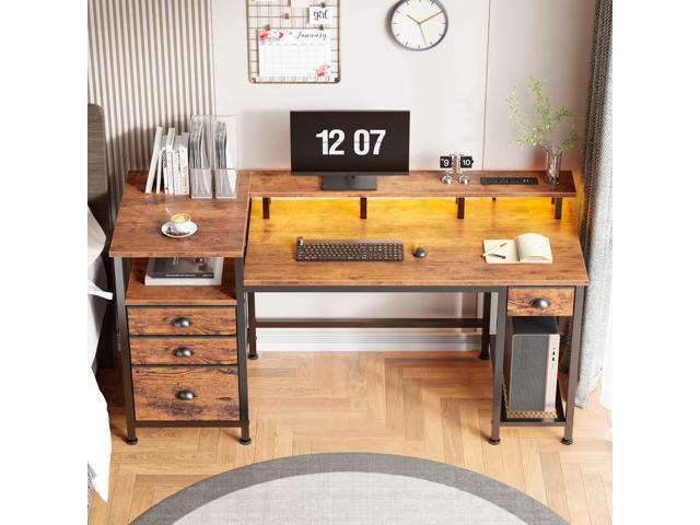 Furologee 60' Computer Desk with File Cabinet and Storage Shelves, Reversible Home Office Desk with LED Lights, Full Monitor Stand, Power Outlets,...