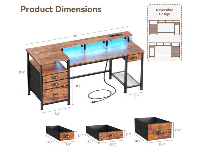 Furologee 60' Computer Desk with File Cabinet and Storage Shelves, Reversible Home Office Desk with LED Lights, Full Monitor Stand, Power Outlets,...
