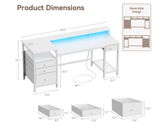 Furologee 60' White Office Computer Desk with 4 Drawers,Gaming Desk with LED Lights and Power Outlets,Long Desk with Fabric File Cabinet,Study...