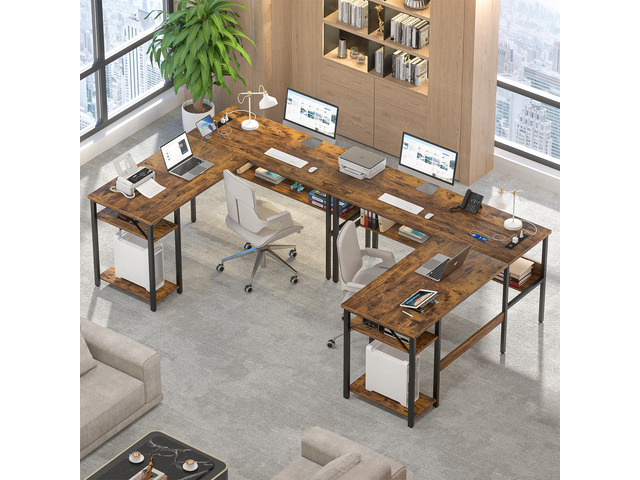 Reversible L Shaped Computer Desk with Power Outlets and USB Charging Ports, Sturdy Corner Desks with Storage Shelf, Modern Work Gaming Table for...