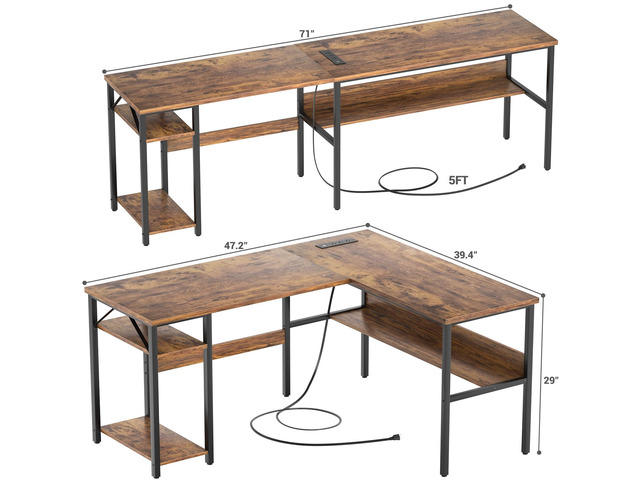Reversible L Shaped Computer Desk with Power Outlets and USB Charging Ports, Sturdy Corner Desks with Storage Shelf, Modern Work Gaming Table for...