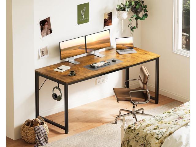 Casaottima 63 Inch Computer Desk for Home Office, Study Writing Table for Small Spaces, Simple Modern Desk with Headphone Hooks, Rustic Brown