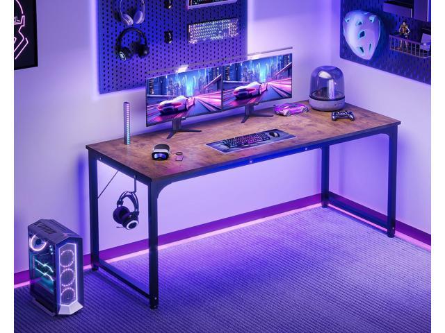 Casaottima 63 Inch Computer Desk for Home Office, Study Writing Table for Small Spaces, Simple Modern Desk with Headphone Hooks, Rustic Brown