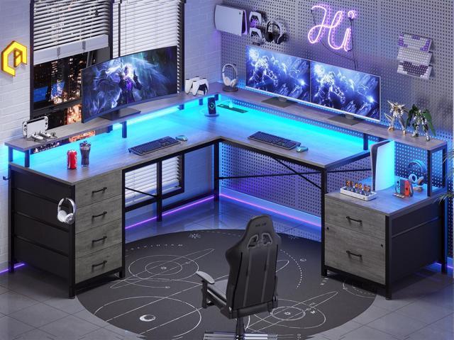 SEDETA L Shaped Desk with 6 Drawer, 108' Home Office Desk with File Drawer & Power Outlet, Corner Computer Desk with Monitor Shelf, Two Person...