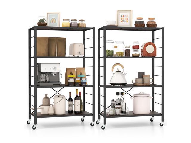 GOFLAME 4-Tier Folding Bookshelf Set of 2, Freestanding DIY Shelving Unit with Wheels, Height-Adjustable Shelves, Metal Frame, Industrial Storage...