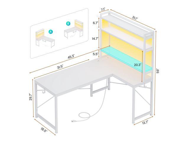 SEDETA White Corner Desk, Reversible 45.3 Small Computer Desk with Power Outlet and LED Lights, Corner Computer Desk with Hutch, Storage Shelves...