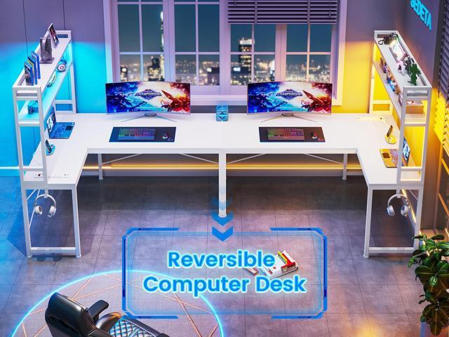 SEDETA White Corner Desk, Reversible 45.3 Small Computer Desk with Power Outlet and LED Lights, Corner Computer Desk with Hutch, Storage Shelves...