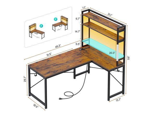 SEDETA L Shaped Desk with Hutch, 45.3 Reversible Home Office Desk, L Shaped Gaming Desk with LED Lights, Power Outlet, Storage Shelves and Hooks...