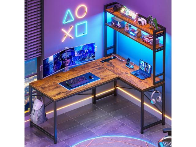 SEDETA L Shaped Desk with Hutch, 45.3 Reversible Home Office Desk, L Shaped Gaming Desk with LED Lights, Power Outlet, Storage Shelves and Hooks...