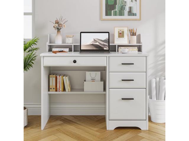 White Desk with Drawers, Small Computer Desk with File Drawers for Bedroom, Home Office Desk with Shelves and Monitor Stand for Writing Study,...