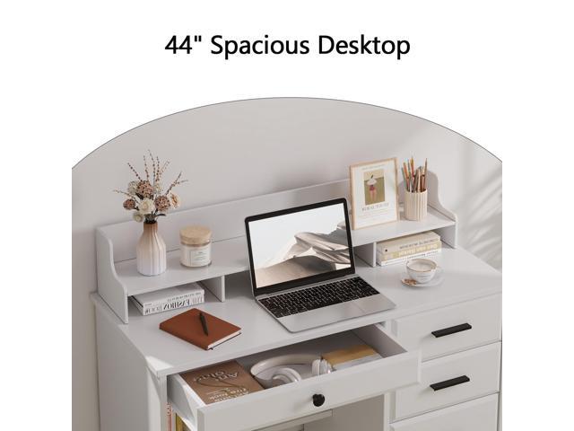White Desk with Drawers, Small Computer Desk with File Drawers for Bedroom, Home Office Desk with Shelves and Monitor Stand for Writing Study,...