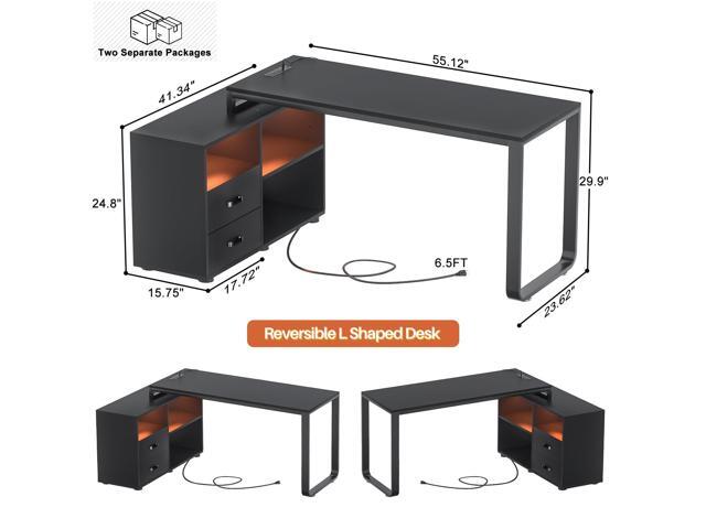 Aheaplus L Shaped Desk with Drawers, 55' Corner Computer Desk with File Cabinet, L-Shaped Desk with Power Outlets &LED Lights, Large Reversible...