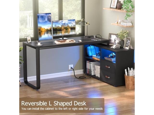 Aheaplus L Shaped Desk with Drawers, 55' Corner Computer Desk with File Cabinet, L-Shaped Desk with Power Outlets &LED Lights, Large Reversible...