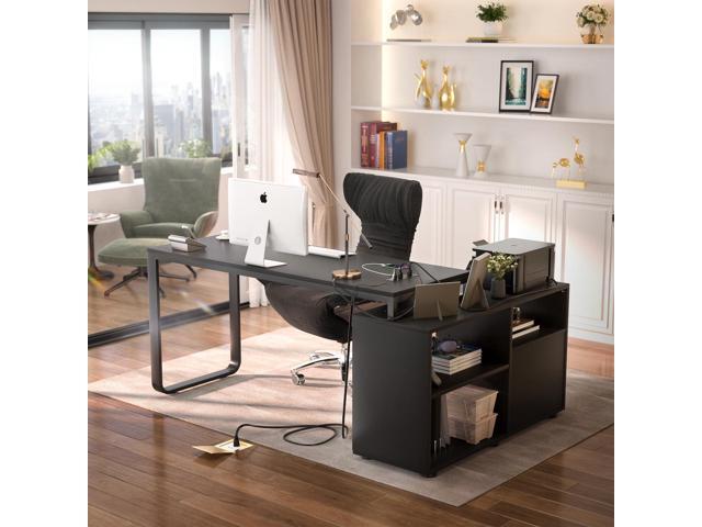 Aheaplus L Shaped Desk with Drawers, 55' Corner Computer Desk with File Cabinet, L-Shaped Desk with Power Outlets &LED Lights, Large Reversible...