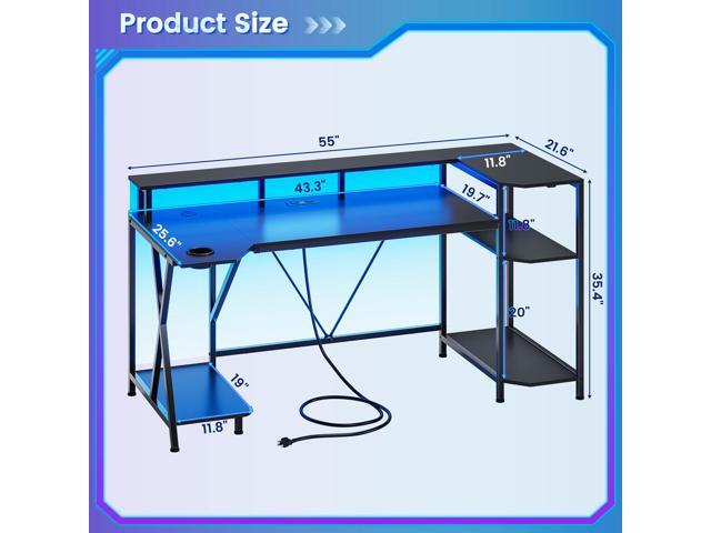 SEDETA Gaming Desk 55'' with LED Lights and Storage Shelves, Computer Desk with Monitor Stand, Power Outlets and Cup Holder, Large PC Gamer Desk,...