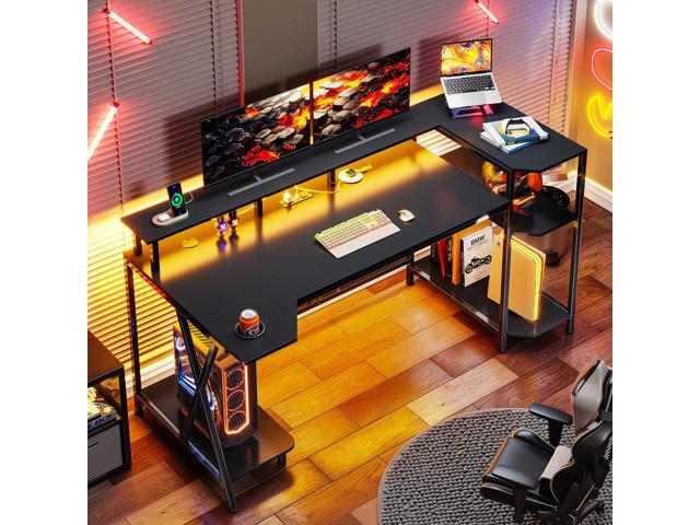 SEDETA Gaming Desk 55'' with LED Lights and Storage Shelves, Computer Desk with Monitor Stand, Power Outlets and Cup Holder, Large PC Gamer Desk,...