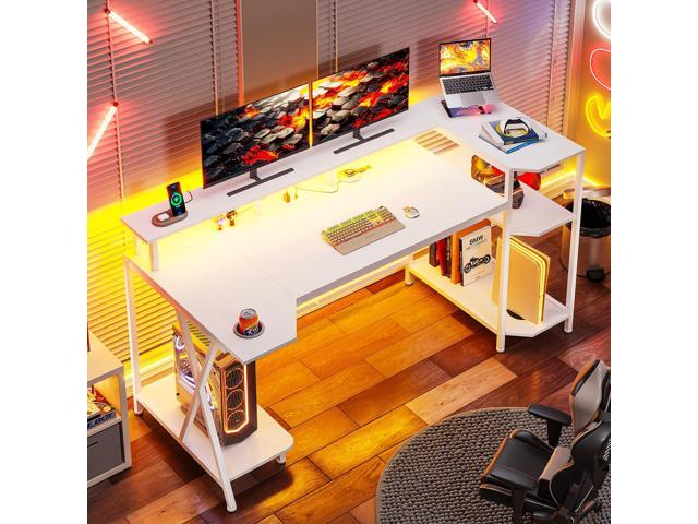 SEDETA White Gaming Desk 55'' with LED Lights and Storage Shelves, Computer Desk with Monitor Stand, Power Outlets and Cup Holder, Large PC Gamer...