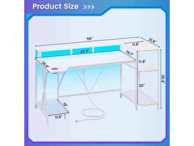 SEDETA White Gaming Desk 55'' with LED Lights and Storage Shelves, Computer Desk with Monitor Stand, Power Outlets and Cup Holder, Large PC Gamer...