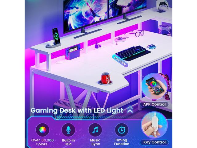 SEDETA White Gaming Desk 55'' with LED Lights and Storage Shelves, Computer Desk with Monitor Stand, Power Outlets and Cup Holder, Large PC Gamer...