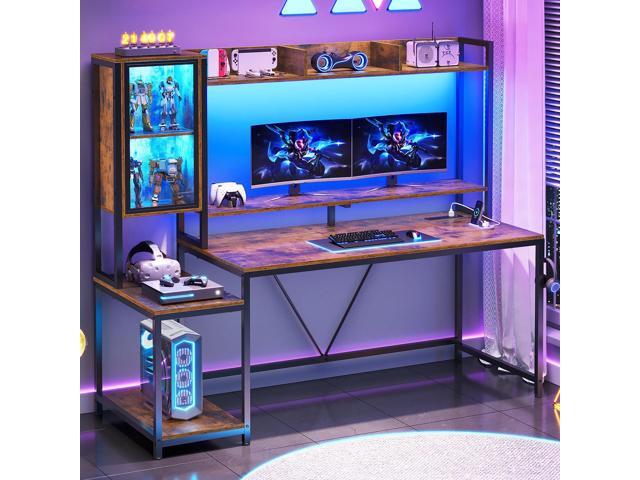 SEDETA Gaming Desk, 60'' Gaming Desk with Hutch and LED Lights, Computer Desk with Storage Shelves, Large PC Gamer Desk with Display Cabinet,...