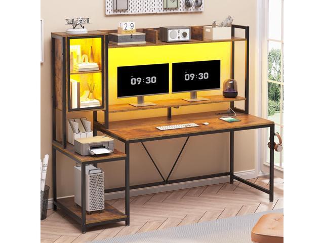 SEDETA Gaming Desk, 60'' Gaming Desk with Hutch and LED Lights, Computer Desk with Storage Shelves, Large PC Gamer Desk with Display Cabinet,...