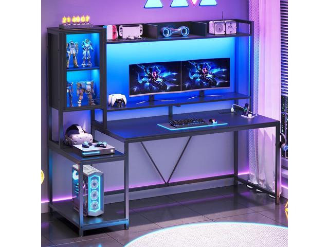 SEDETA Gaming Desk, 60'' Gaming Desk with Hutch and LED Lights, Computer Desk with Storage Shelves, Large PC Gamer Desk with Display Cabinet,...
