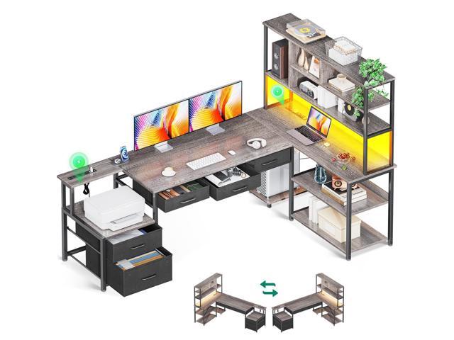 AODK 79 inch L Shaped Desk with 5 Drawers, Reversible L Shaped Gaming Desk with LED Light & 2 Power Outlets, Computer Desk with Storage Shelves for...