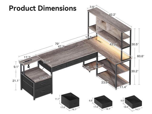 AODK 79 inch L Shaped Desk with 5 Drawers, Reversible L Shaped Gaming Desk with LED Light & 2 Power Outlets, Computer Desk with Storage Shelves for...
