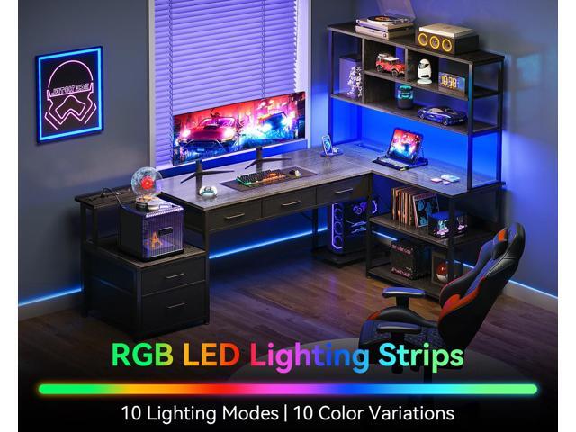 AODK 79 inch L Shaped Desk with 5 Drawers, Reversible L Shaped Gaming Desk with LED Light & 2 Power Outlets, Computer Desk with Storage Shelves for...