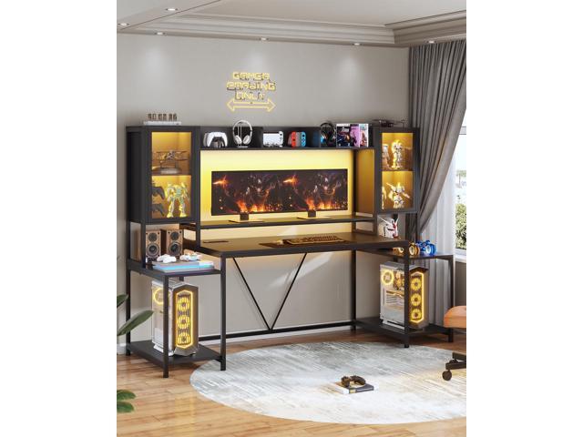 SEDETA Gaming Desk 74.8'' with LED Lights, Hutch and Storage Shelves, Computer Desk with Monitor Stand, Large PC Gamer Desk Workstation, Ergonomic...