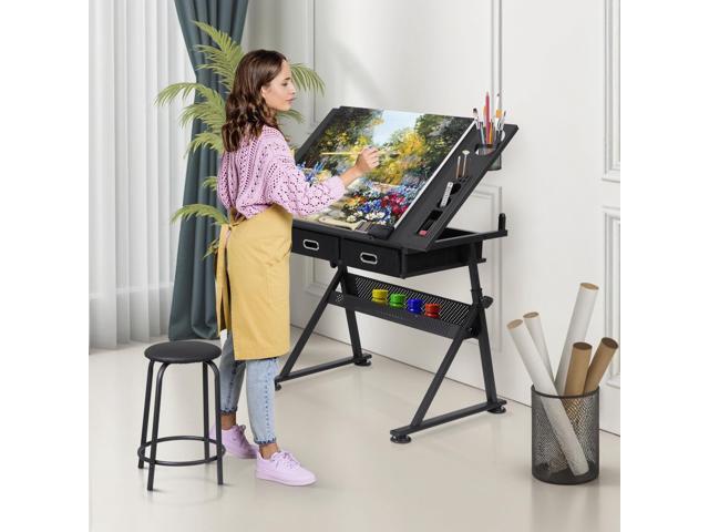 JupiterForce Drafting Desks with 2 Storage Drawers, Height Adjustable Drawing Tables for Painters, Working, Writing, Home Office, Black