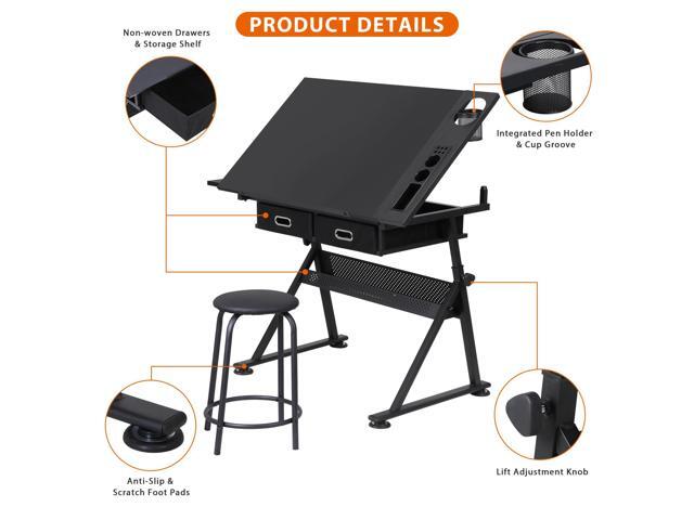 JupiterForce Drafting Desks with 2 Storage Drawers, Height Adjustable Drawing Tables for Painters, Working, Writing, Home Office, Black