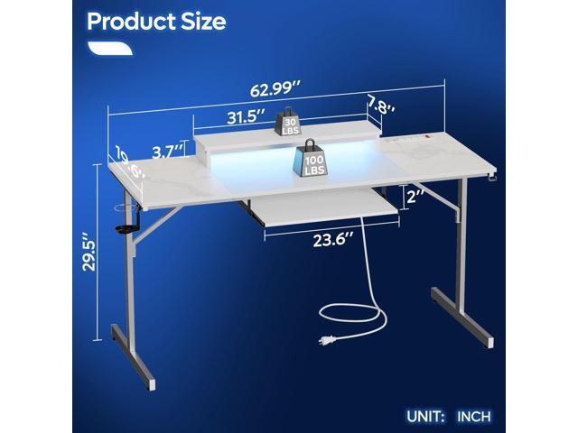 Bestier 63 Inch Gaming Desk with LED Lights & Power Outlets Computer Desk with Laptop Stand & Keyboard Tray Modern PC Desk with Headset Hook for...