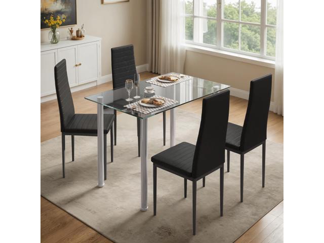 HUGROVE 5-Piece Dining Table Set Modern Kitchen Table Chairs Set with Tempered Glass Tabletop & Stainless Steel Legs, 4 Upholstered PU Leather...