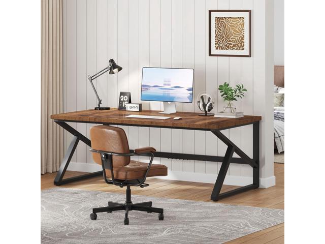 IBF 70 Inch Rustic Brown Desk, Industrial Large Metal Wood Double Computer Desk, Long Home Office Desks Table for 2 People Executive Work Writing...