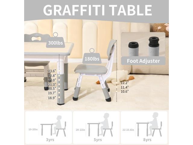 Kids Table and 4 Chairs Set, Height Adjustable Toddler Table and Chairs Set with Rubber Foot Covers, Graffiti Desktop Children Activity Table for...