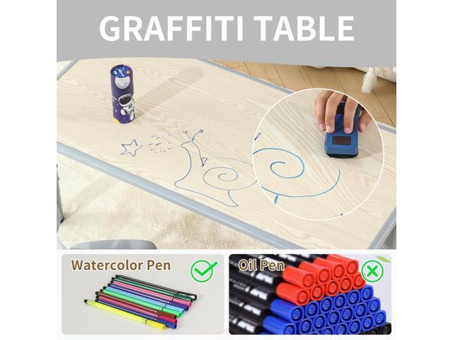 Kids Table and 4 Chairs Set, Height Adjustable Toddler Table and Chairs Set with Rubber Foot Covers, Graffiti Desktop Children Activity Table for...