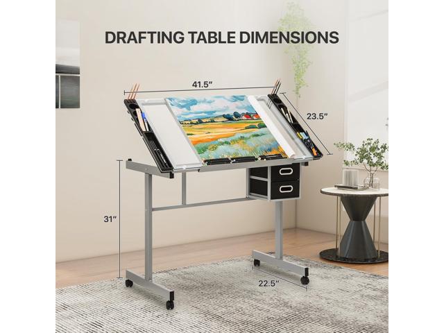 Athena Collection 41' Drafting Table Adjustable Angle Drawing Table Tempered Glass Art Desk Metal Frame Craft Desk for Artist with Fabric Drawers,...