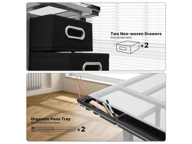 Athena Collection 41' Drafting Table Adjustable Angle Drawing Table Tempered Glass Art Desk Metal Frame Craft Desk for Artist with Fabric Drawers,...