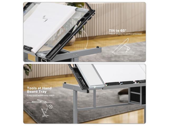 Athena Collection 41' Drafting Table Adjustable Angle Drawing Table Tempered Glass Art Desk Metal Frame Craft Desk for Artist with Fabric Drawers,...