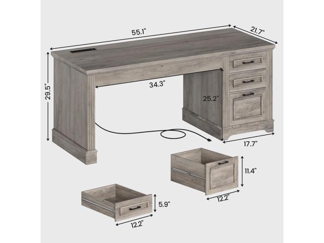 SEDETA Executive Office Desk with 3 Drawers, Farmhouse 55' Computer Desk with Storage File Drawers & Power Outlet for Home Office, Grey